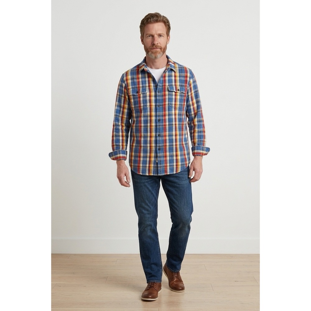 Denim & Supply Ralph Lauren Men Blue Red Yellow Plaid Flannel Big Shirt Small